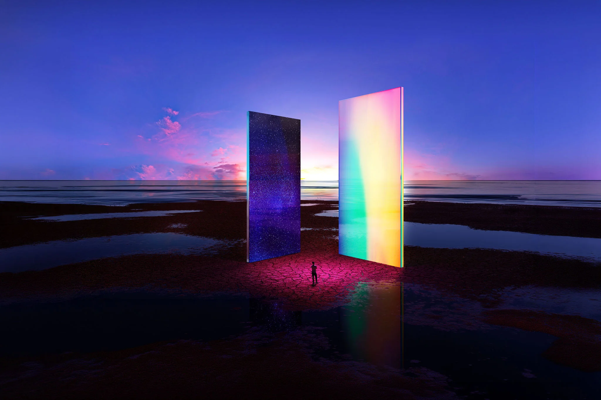 Man is looking atnorthern lights