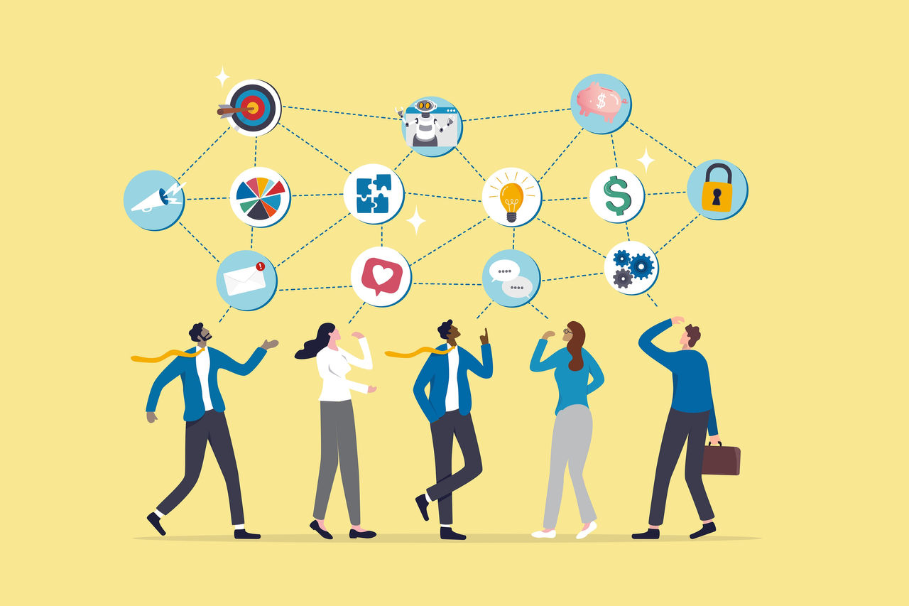 An illustration of five people standing on a yellow background moving their arms actively, looking upwards to three rows of icons displayed above their heads. The icons depict things like a target, mail, lightbulb, dollar sign, lock, target, and more.